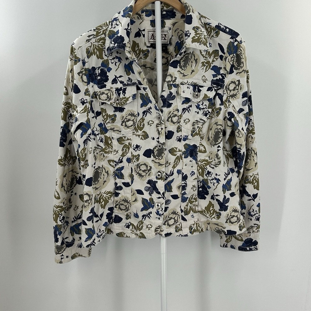 Womens XL Cropped Floral Jacket Cotton Blue Olive Cottagecore Lightweight Button